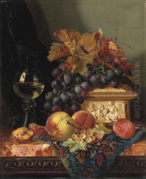 Still Life With Grapes, Peaches, Plums, Whitecurrants, An Ivory Casket And A Roemer Oil Painting by Edward Ladell