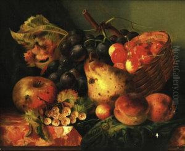 Still Life Of An Apple, 
A Pear, 
Peaches And Grapes In A Basket On A Ledge Oil Painting by Ellen Ladell