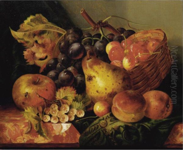 Still Life With Apples, Cherries, Pear And Black Grapes On A Marble Ledge Oil Painting by Ellen Ladell