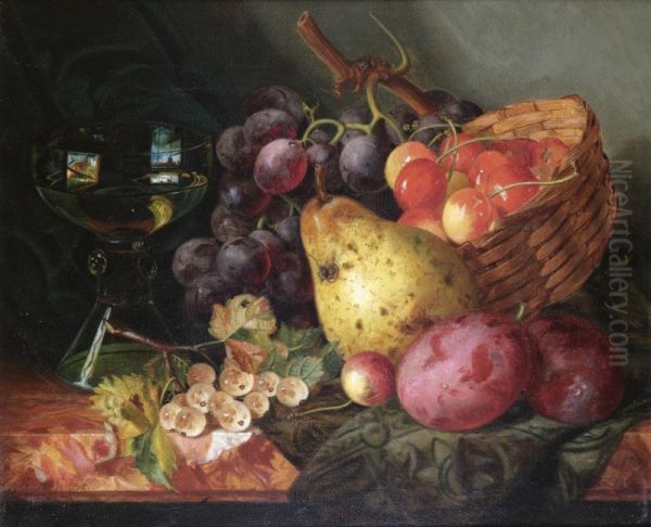 Still Life With A Basket Of Cherries, A Pear, Plums And White-currants On A Marble Ledge Oil Painting by Ellen Ladell