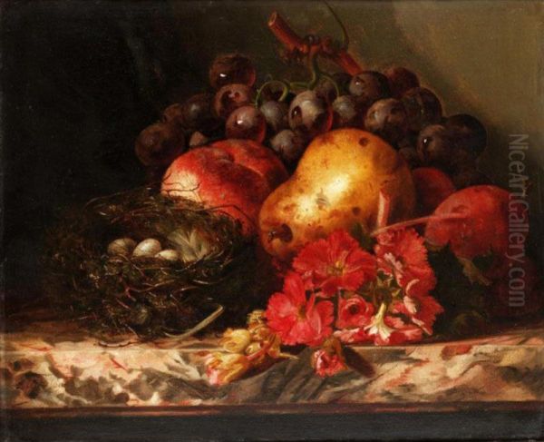 Still Life Of Fruit, Flower And A Birds Nest Oil Painting by Ellen Ladell