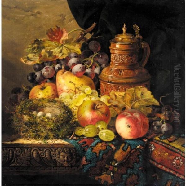 Still Life With Pears, Apples And Grapes, A Bird's Nest And A Jug Oil Painting by Ellen Ladell