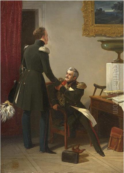 Nicolas I Visiting Adjutant General Sukhozanet Oil Painting by Adolphe Ladurner