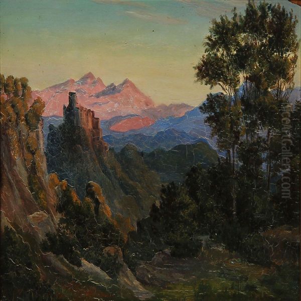 Italian Landscape With Pink Mountains And A Ruined Fortress In The Evening Sun Oil Painting by Thorald Laessoe