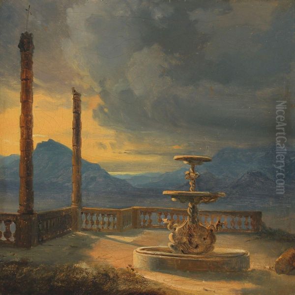 A Fountain On A Terrace With Antique Columns Oil Painting by Thorald Laessoe