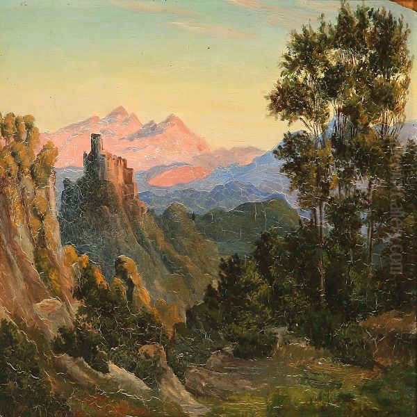 Italian Landscape With Pink Mountains And A Ruined Fortressin The Evening Sun Oil Painting by Thorald Laessoe