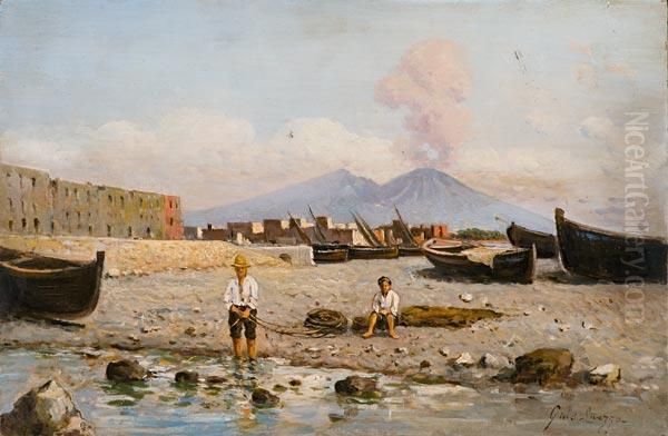 Spiaggia Isolana Con Barche In Secca, Pescatori E Vista Del Vesuvio Oil Painting by Giuseppe Laezza