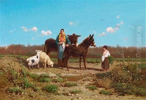 Landschaft Mit Frau, Kind Und Zwei Eseln Oil Painting by Giuseppe Laezza