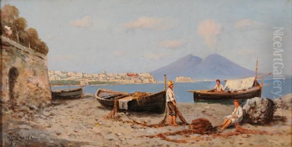 Pescatori Alla Rete Sullo Sfondo Del Vesuvio Oil Painting by Giuseppe Laezza