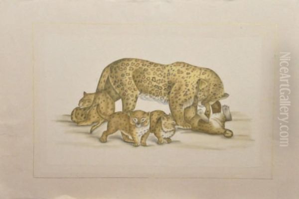 Femelle Et Ses Petits Lionne Et Leopard Oil Painting by Louis Lafitte