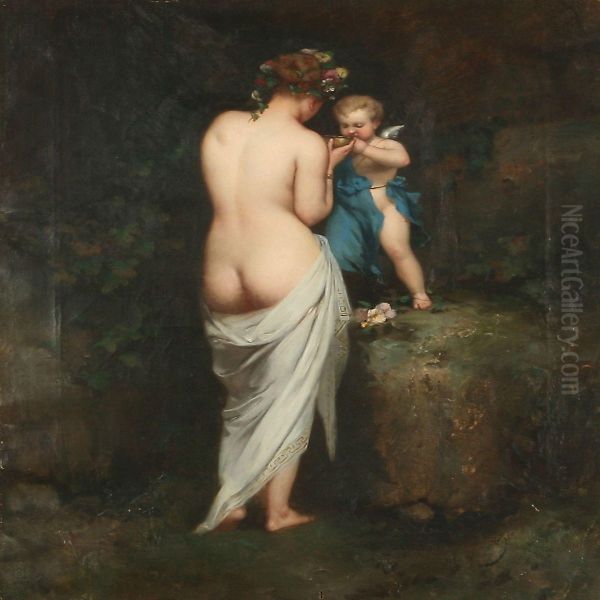 A Nymph And Amor Oil Painting by Ad. Lafon