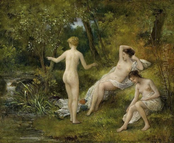 Bathers In A Forest Lake Oil Painting by Francois Lafon