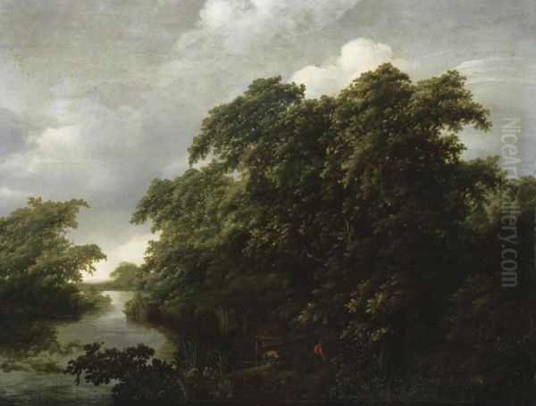 A River Landscape With Two Fishermen Mooring Their Boat Oil Painting by Johan Lagoor