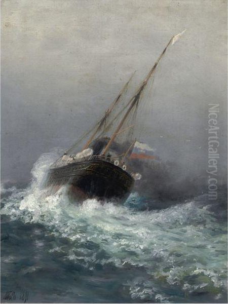 Steamship On High Seas Oil Painting by Lef Feliksovich Lagorio