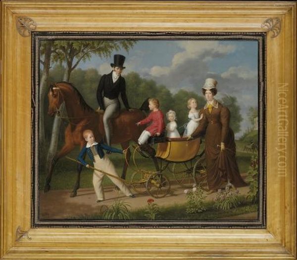 Portrait Of A Gentleman On Horseback, Said To Be The Russian Architect Voronikhin In The Grounds Of Pavlosk Palace, With His Wife And Children Oil Painting by Anthelme-Francois Lagrenee