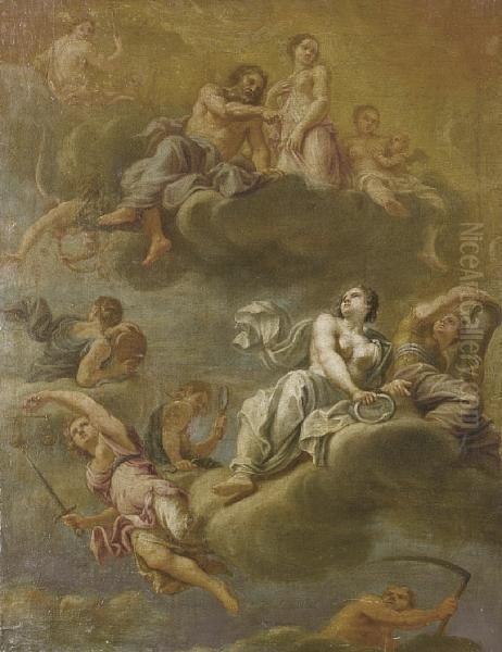 Psyche Received On Olympus, Accompanied By Mercury, The Cardinal Virtues And Eternity Oil Painting by Louis Laguerre