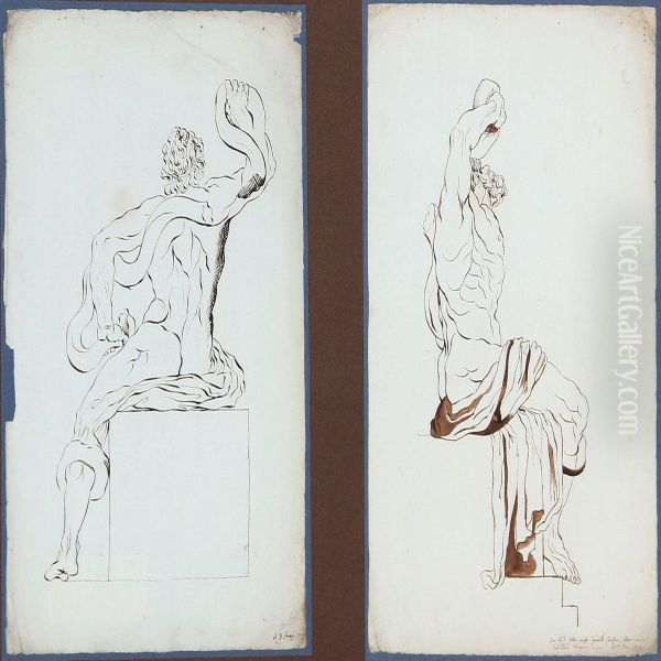 Two Nude Male Studies, Mounted In One Frame Oil Painting by Gerhard Ludwig Lahde