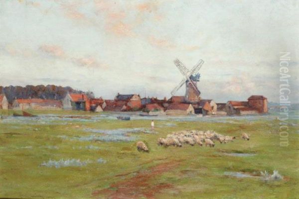 Sheep Grazing, Cley, Norfolk Oil Painting by William James Laidlay