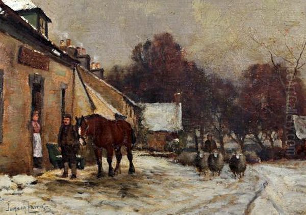 A Scottish Village In Winter, With Figures, Horse And Sheep In Snow Oil Painting by Tomson Laing