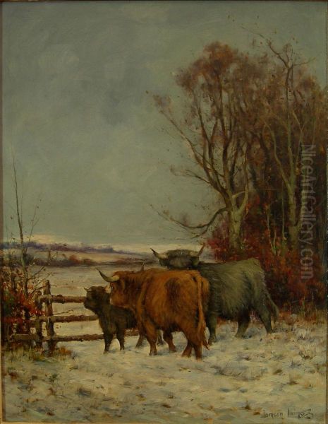 Highland Cattle In Winter Oil Painting by Tomson Laing