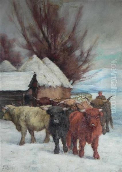 Highland Cattle In Snow Oil Painting by Tomson Laing