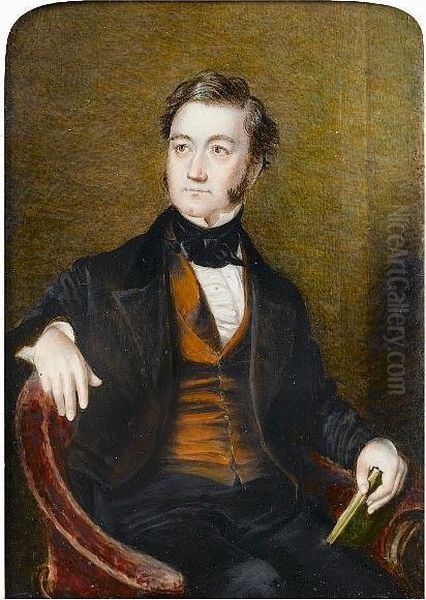 A Gentleman, Seated In A Red Upholstered Chair, Wearing Black Suit, Rust-coloured Waistcoat, White Chemise And Tied Black Stock, He Holds A Book. Oil Painting by Alicia H. Laird