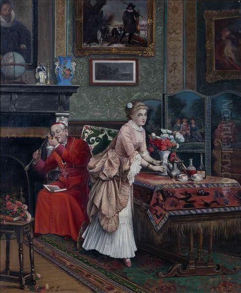 Burgerlijk Interieur Met Pijprokende Kardinaal En Bloemenschikkend Meisje Oil Painting by Henri Adolphe Laissement