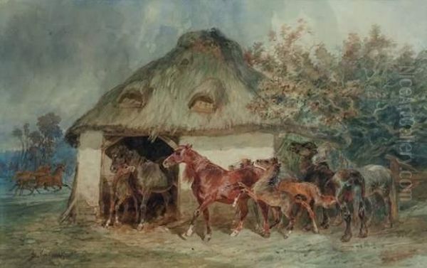 Chevaux A L'ecurie Oil Painting by Francois-Hippolyte Lalaisse