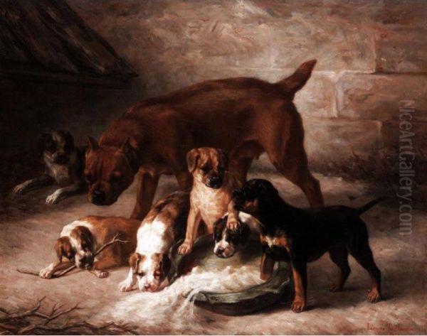 Feeding Time For The Puppies Oil Painting by Louise Lalande