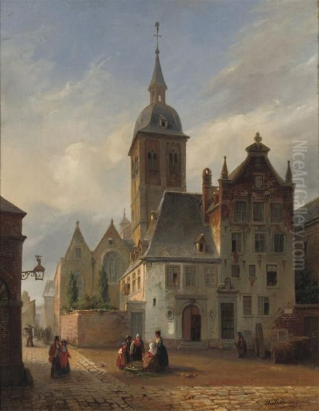 On The Sunlit Church Square Oil Painting by Henri Lallemand