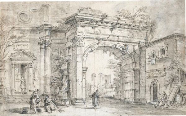 Roman Capriccio With Figures By An Arch And Other Classical And Medieval Buildings Oil Painting by Jean-Baptiste Lallemand