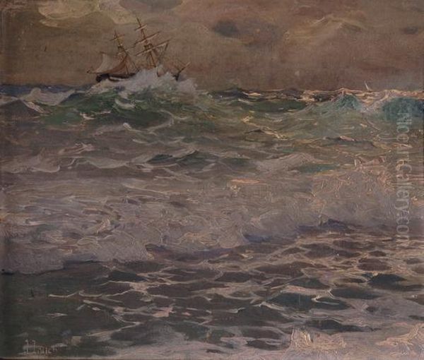 Mare In Tempesta Con Veliero Sulle Onde Oil Painting by Giuseppe Lallich