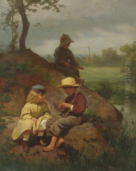 The Biddle Children Fishing On The Schuylkill Oil Painting by George Cochran Lambdin