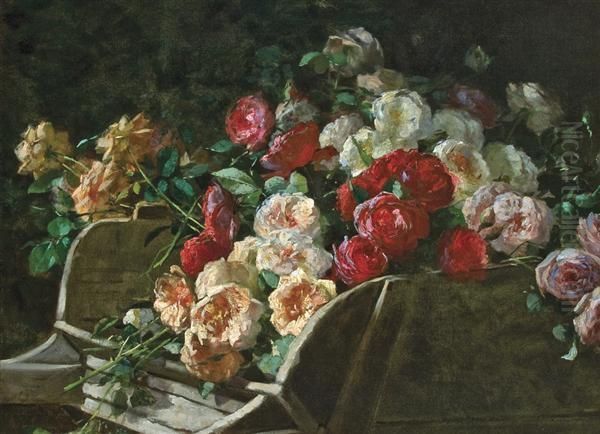 Roses In A Wheelbarrow Oil Painting by George Cochran Lambdin