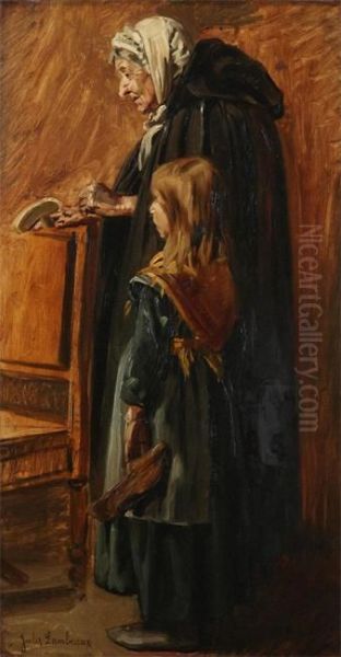 Old Woman With Young Girl, Begging Oil Painting by Jules Lambeaux