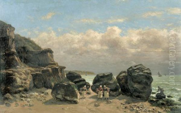 Kustenpartie Mit Muschelsucherinnen. Oil Painting by Antoine Eugene Lambert