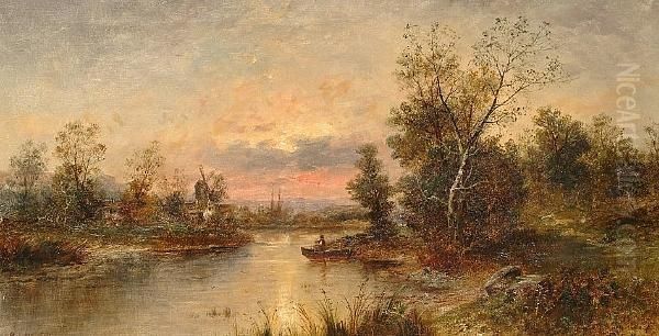 River Landscape At Dusk Oil Painting by Bradford Lambert