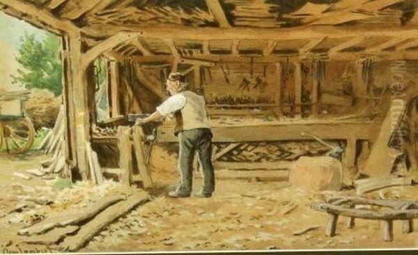 Inside The Wheelwright's Shop Oil Painting by Clem Lambert