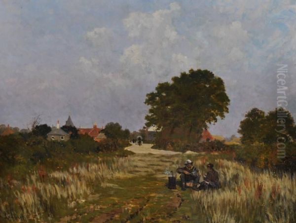 Travellers Resting On A Country Road Oil Painting by Clement Lambert