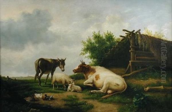 Cattle, Sheep, A Donkey And Ducks In A Pastoral Landscape Oil Painting by Edwin T. Lambert