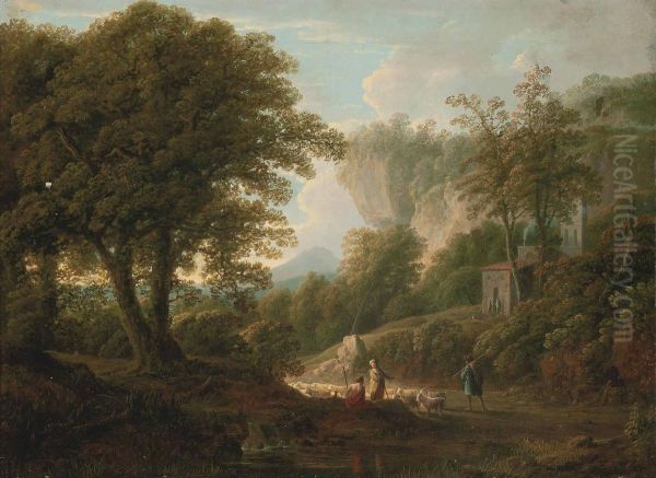 A Mountainous Wooded Landscape With Drovers And Their Flock On A Track Oil Painting by George Lambert