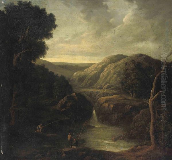 A Wooded River Landscape With Anglers By A Waterfall Oil Painting by George Lambert