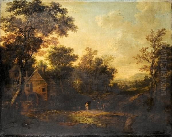 A Wooded Landscape With Figures Bathing In A River Near A Mill Oil Painting by George Lambert