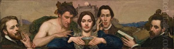 Self Portrait With Ambrose Patterson, Amy Lambert, And Hugh Ramsay Oil Painting by George Lambert