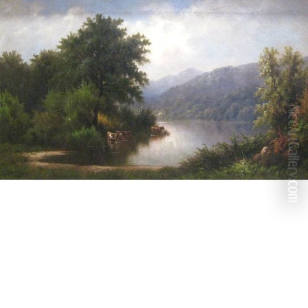 River Landscape With Wading Cows Oil Painting by G.R. Lambert