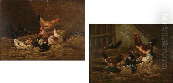 Chickens In The Stable Oil Painting by G.R. Lambert