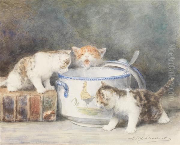 Trois Chatons Autour Du Pot De Lait Oil Painting by Louis Eugene Lambert