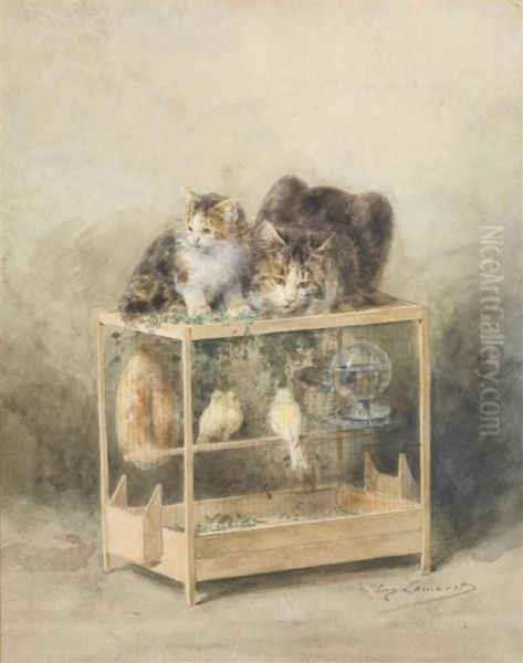 La Cage Des Canaris Guettee Par Les Chats Oil Painting by Louis Eugene Lambert