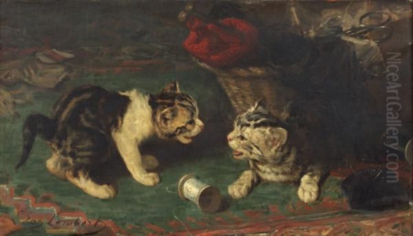 Deux Chatons Jouant Avec Une Bobine Oil Painting by Louis Eugene Lambert