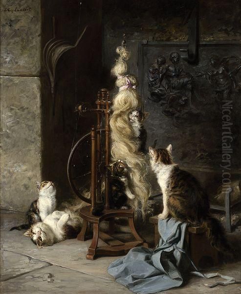 Les Chats Et Le Rouet Oil Painting by Louis Eugene Lambert